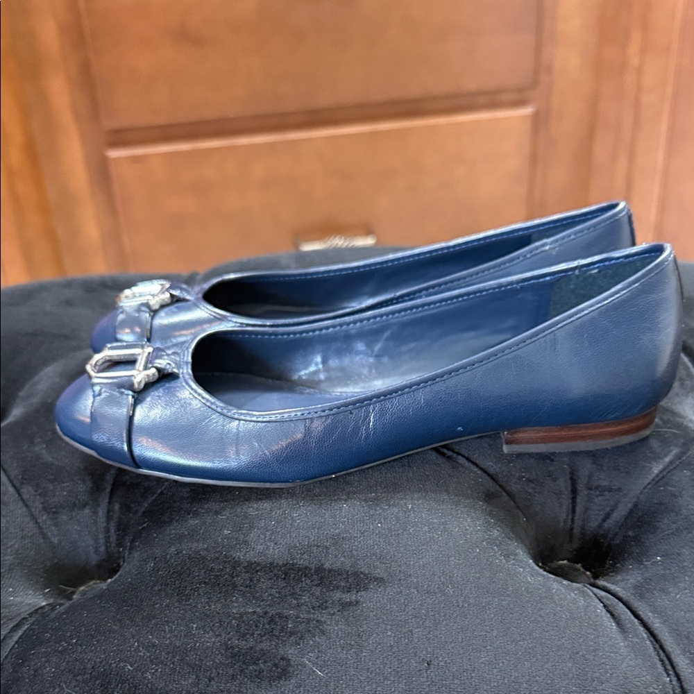 Lauren Ralph Lauren Navy Leather Flats with Silver Detail